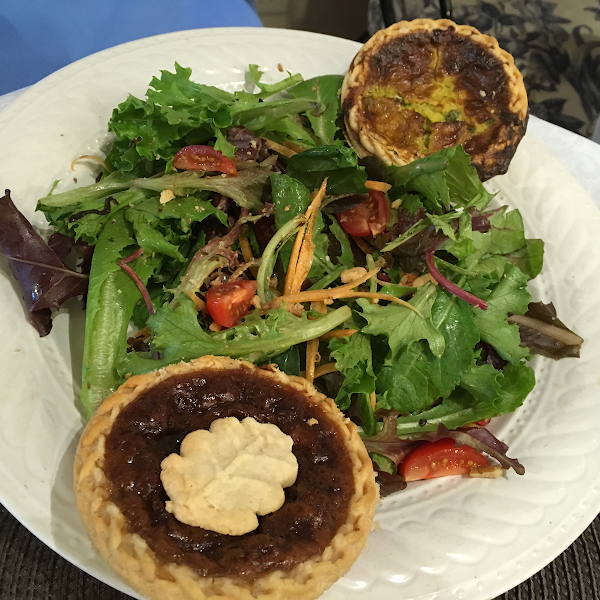 Lunch special with cheese quiche and maple butter tart.