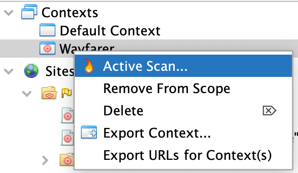 ZAP's sites pain with the context menu open on the Wayfarer context, and the Active Scan menu item highlighted.