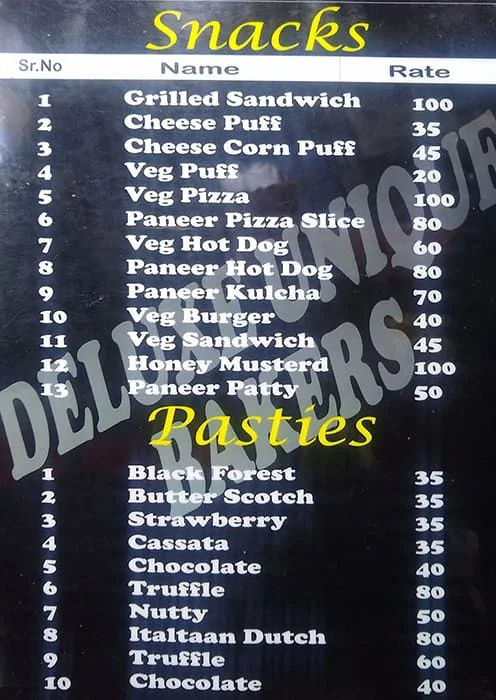 Deluxe Unique Bakers menu 