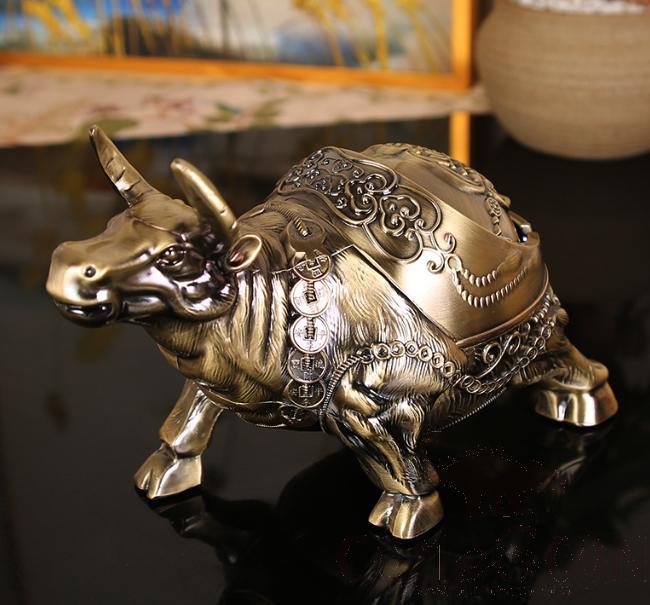 Head Up Cow Ashtray, Zinc Alloy, Green Antique, L20*W9*H13cm