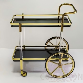 SUS 304 Service Trolley, Acrylic Pillar, Black Tempered Glass Countertop, L870*W540*H850mm