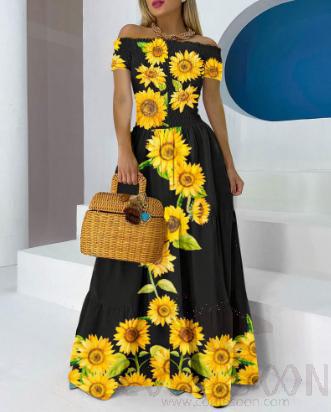 Sunflower Print Dress, Polyester, m