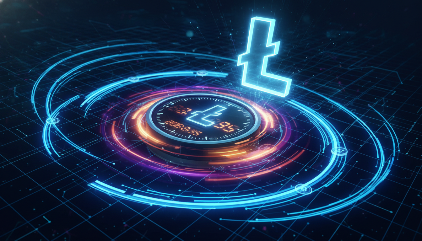 A vibrant, energetic conceptual illustration of a digital clock ticking rapidly, surrounded by glowing blue streaks of light representing fast transactions. In the background, a transparent Litecoin logo pulses with energy, set against a dark, tech-inspired grid.