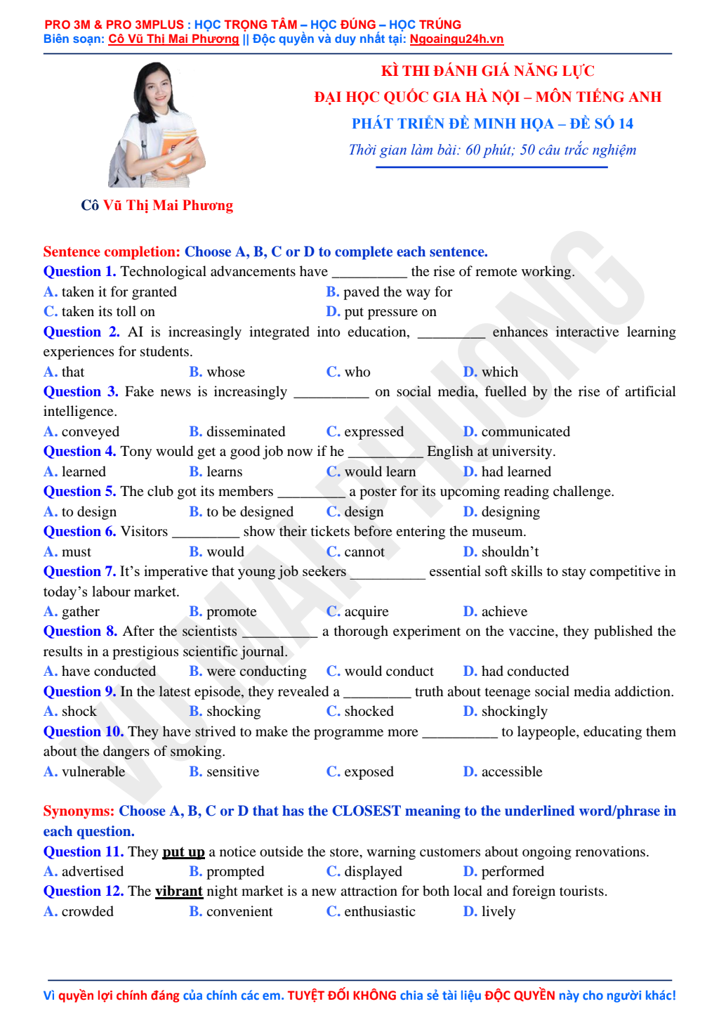 Phát triển Đề thi Minh họa môn Tiếng Anh ĐGNL Đại học Quốc Gia Hà Nội đề 14 pdf