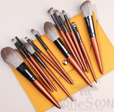 Nylon Cosmetic Brush Set+ Organiser, Orange, Brown, 14cm