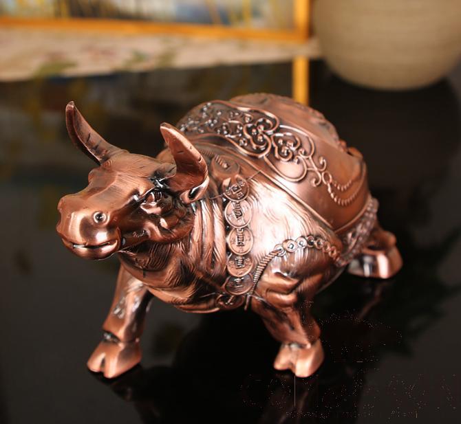 Head Up Cow Ashtray, Zinc Alloy, Red Antique, L20*W9*H13cm