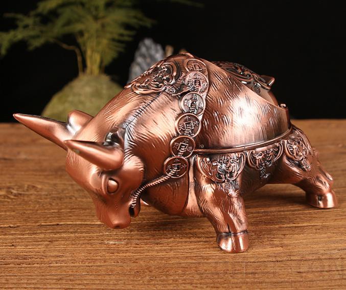 Low Head Beckoning Cow Ashtray, Zinc Alloy, Red Antique, L20*W9*H13cm