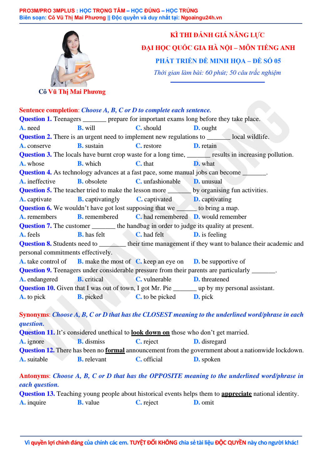 Đề thi Minh họa môn Tiếng Anh ĐGNL Đại học Quốc Gia Hà Nội Nội HSA Đề 5 pdf