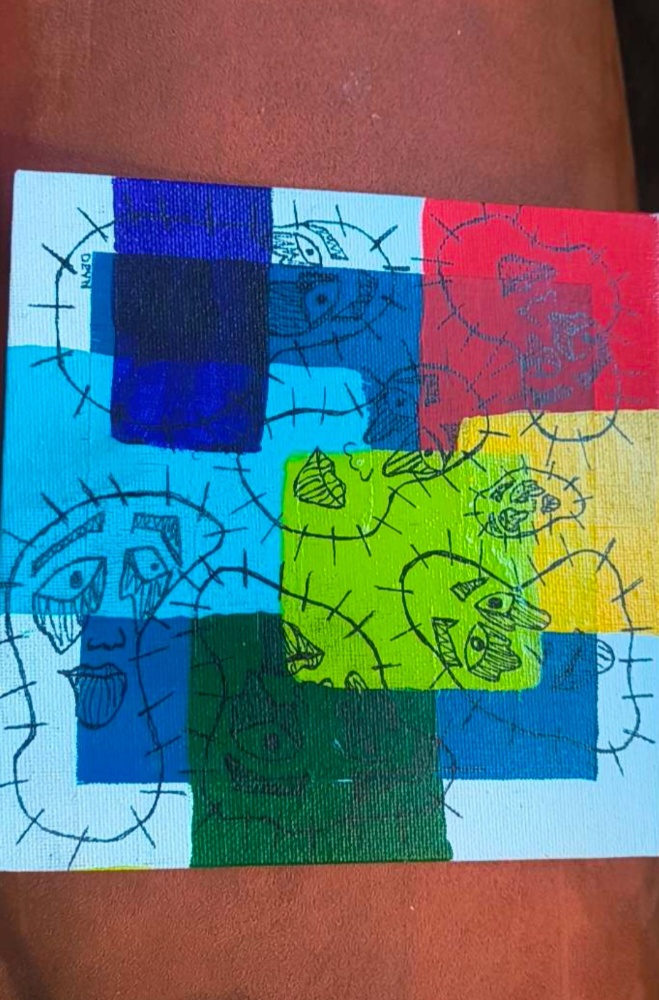Maximalist character collage painting titled AWAKE