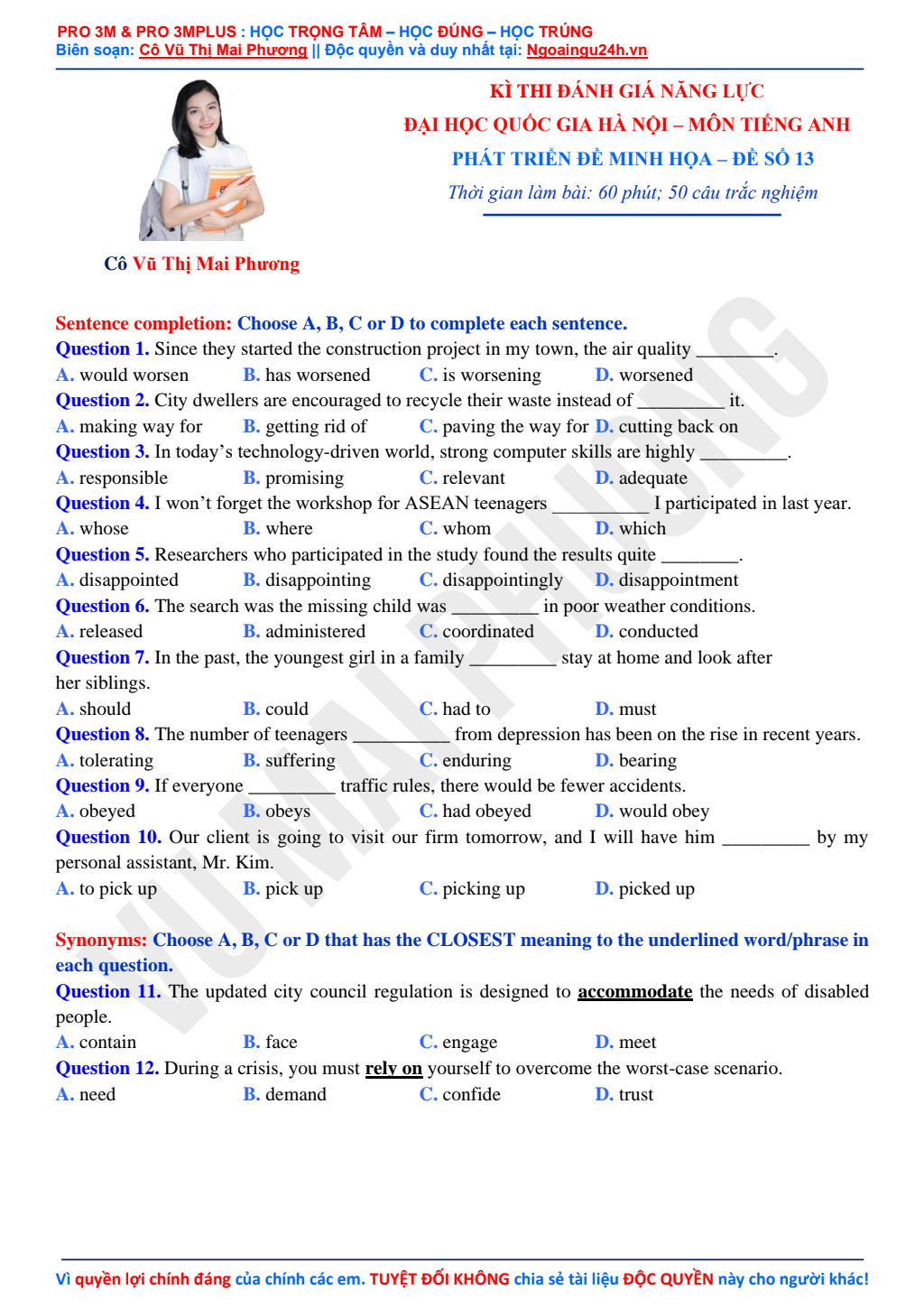 Phát triển Đề thi Minh họa môn Tiếng Anh ĐGNL Đại học Quốc Gia Hà Nội đề 13 pdf