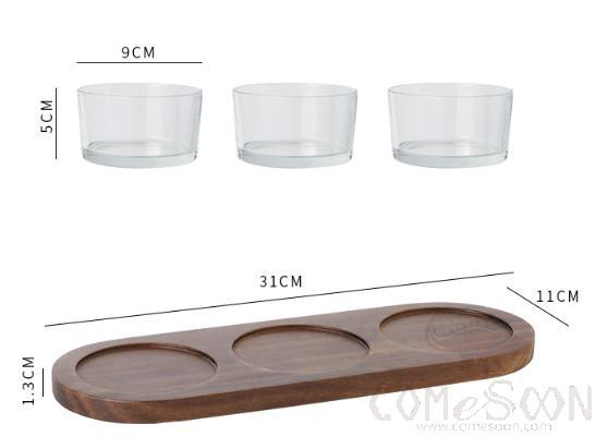 Trio of Glass Bowls with Wooded Base, W/o Cover