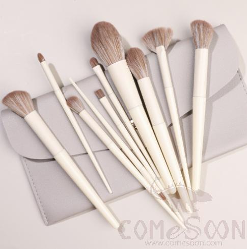 Nylon Cosmetic Brush Set+ Grey Storage Bag, White, 14cm