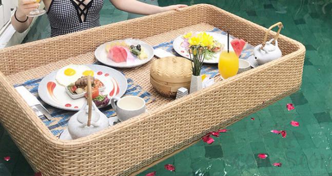 Swimming Pool Floating Table-150*50cm, Metal Frame+ Imitation Rattan, 150*50*20cm