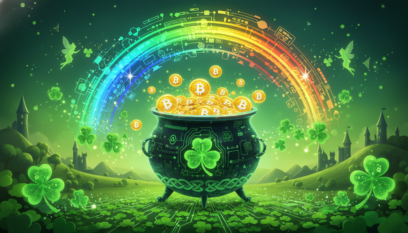 A festive and magical St. Patrick's Day scene featuring a digital pot of gold overflowing with Bitcoin coins, glowing green four-leaf clovers, and a rainbow made of digital data streams, whimsical and bright.