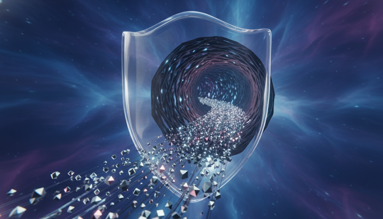 A sophisticated, abstract representation of digital privacy. A shimmering, translucent shield protects a stream of glowing silver data packets moving through a dark fiber-optic tunnel. Soft purple and blue light illuminates the scene, symbolizing security and confidentiality.