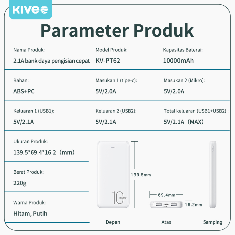 kivee Powerbank 10000mAh + Fast Charge 2.4A Real Capacity