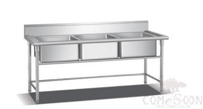 Triple Sinks Bench with Under Shelf, Splash Back and 3 Flexible Deck Faucets, 3100*700*950mm