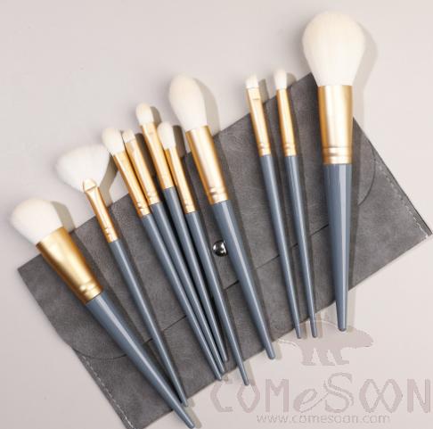 Nylon Cosmetic Brush Set+ Dark Grey Storage Bag, Grey-Blue, 14cm