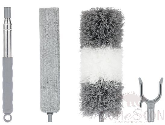 Dust Removal Package, W/ Short Telescopic Rod and Bed Bottom Brush and Gray White Microfiber Head and Clothes Drying Fork