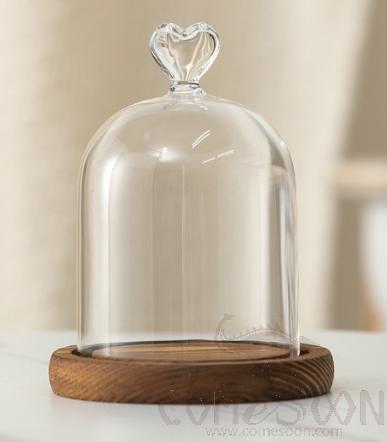 Heart-Shaped Glass Cover with Wood Base D9*11cm
