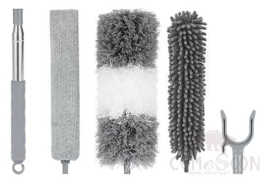 Dust Removal Package, W/ Short Telescopic Rod and Bed Bottom Brush and Gray White Microfiber Head and Chenille Head and Clothes Drying Fork