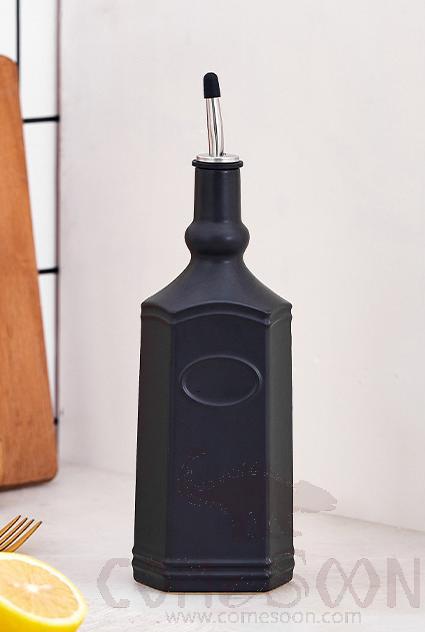 Ceramic Vinegar Bottle, 690ML, SUS 304 Spout, with PVC Label Sticker, Black