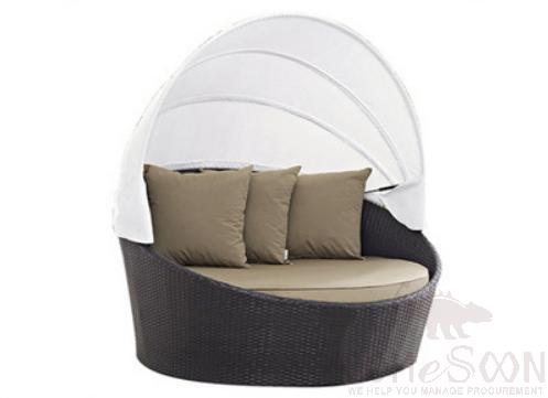 Outdoor Lying Bed-Φ150cm, PE Rattan+ Metal Frame+ Waterproof Cloth+ High-Density Sponge+ Waterproof Cloth Canopy, Φ150*139cm
