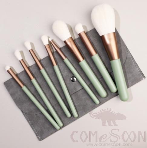 Nylon Cosmetic Brush Set+ Dark Grey Storage Bag, Green, 14cm