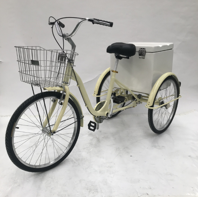 Tricycle, Aluminum Alloy, 24" W/ White Fiberglass Box and Iron Front Basket
