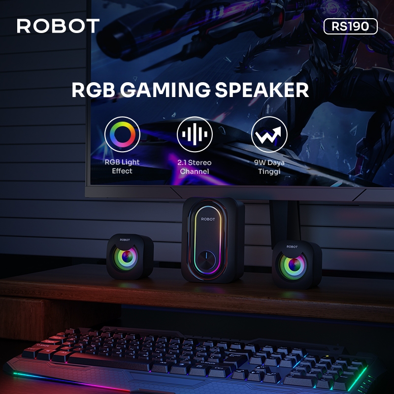 Speaker ROBOT RS190 Laptop/PC/Gaming Soundbar Super Bass Portable RGB Lighting - Garansi 1 Tahun