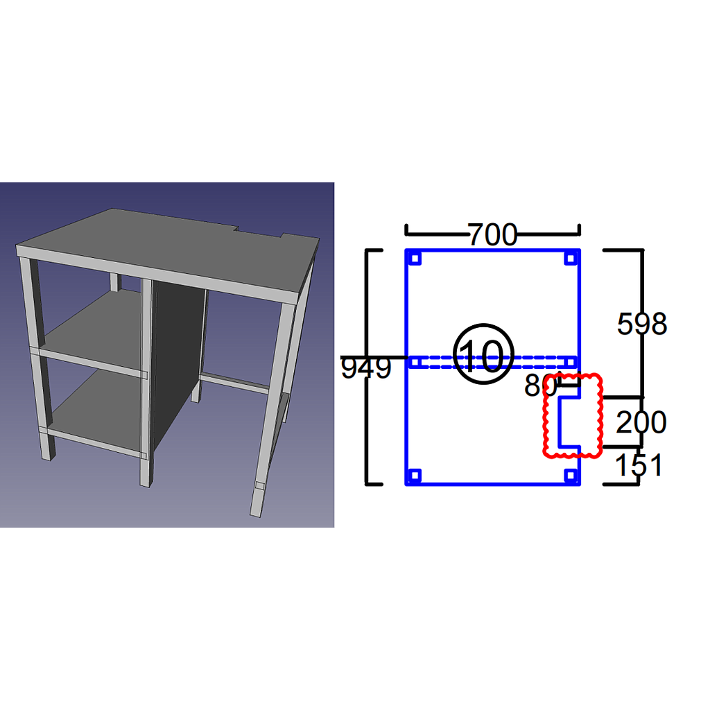 Bar-10:ss Table with 2 Under Shelves on Left Side, L95*W70*H92cm