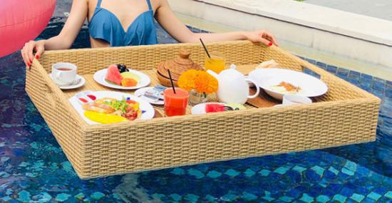 Swimming Pool Floating Table-100*60cm, Metal Frame+ Imitation Rattan, 100*60*20cm