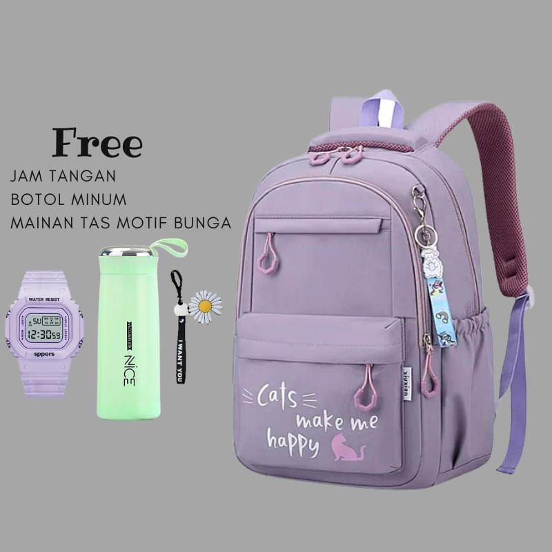 Tas Ransel anak Sekolah SD SMP 3 IN1 Motif CATS Free Jam Tangan Dan Botol Minum