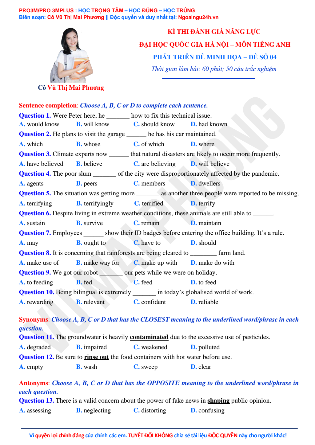 Phát triển Đề thi Minh họa môn Tiếng Anh ĐGNL Đại học Quốc Gia Hà Nội đề 4 pdf