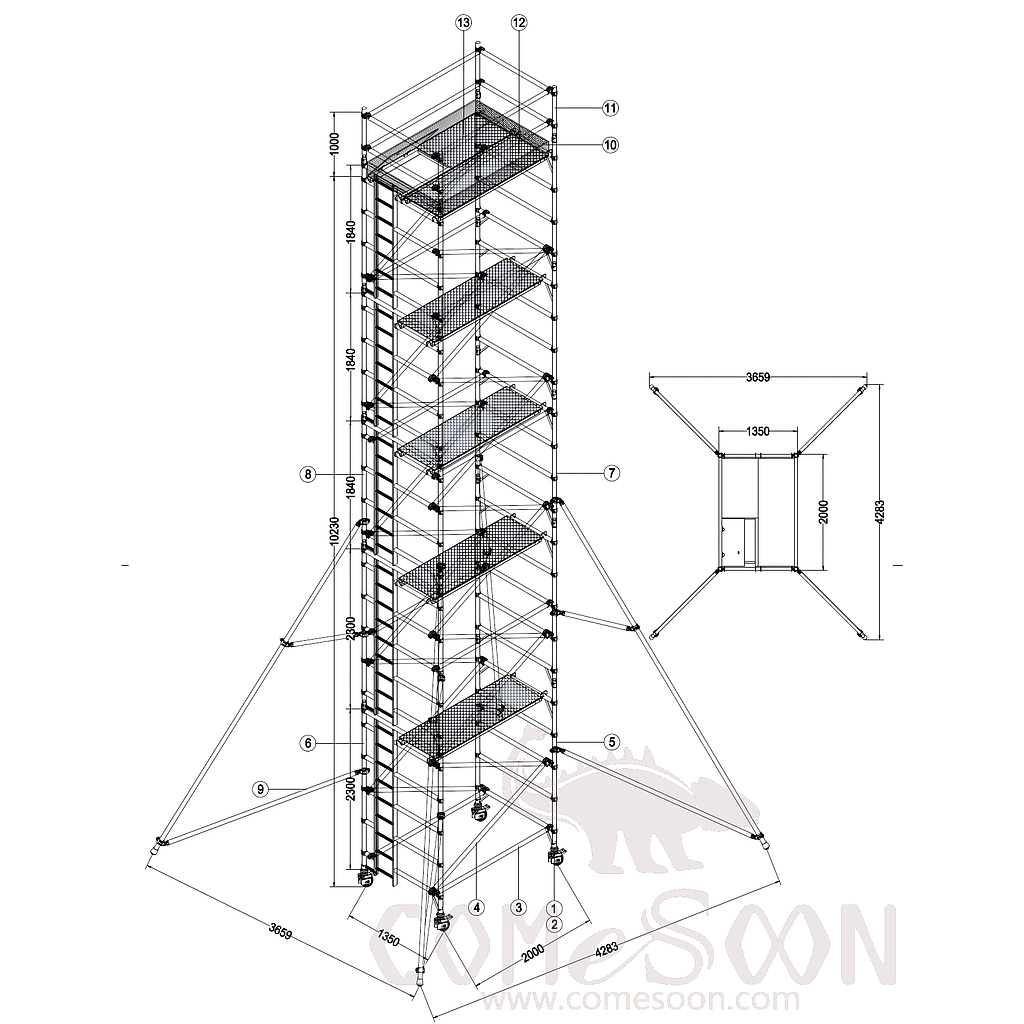Double Width Aluminum Scaffolding, L200*W135*H1020/1120cm