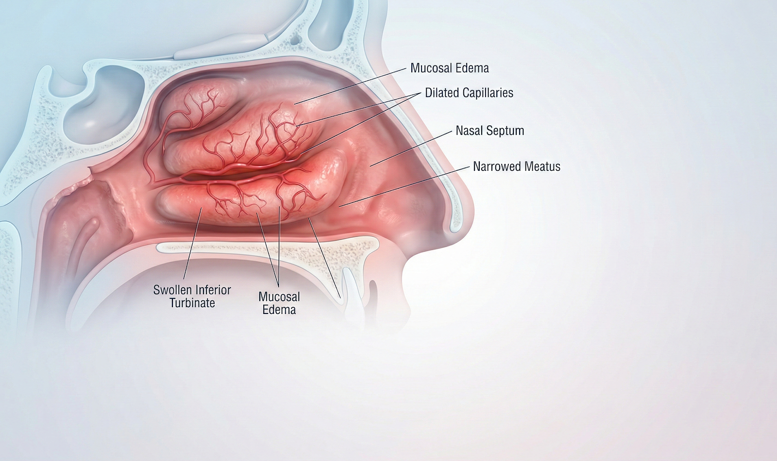 온도 변화 자극으로 인해 콧속 점막 혈관이 과도하게 확장된 혈관운동성 비염 발생 원리 모식도.