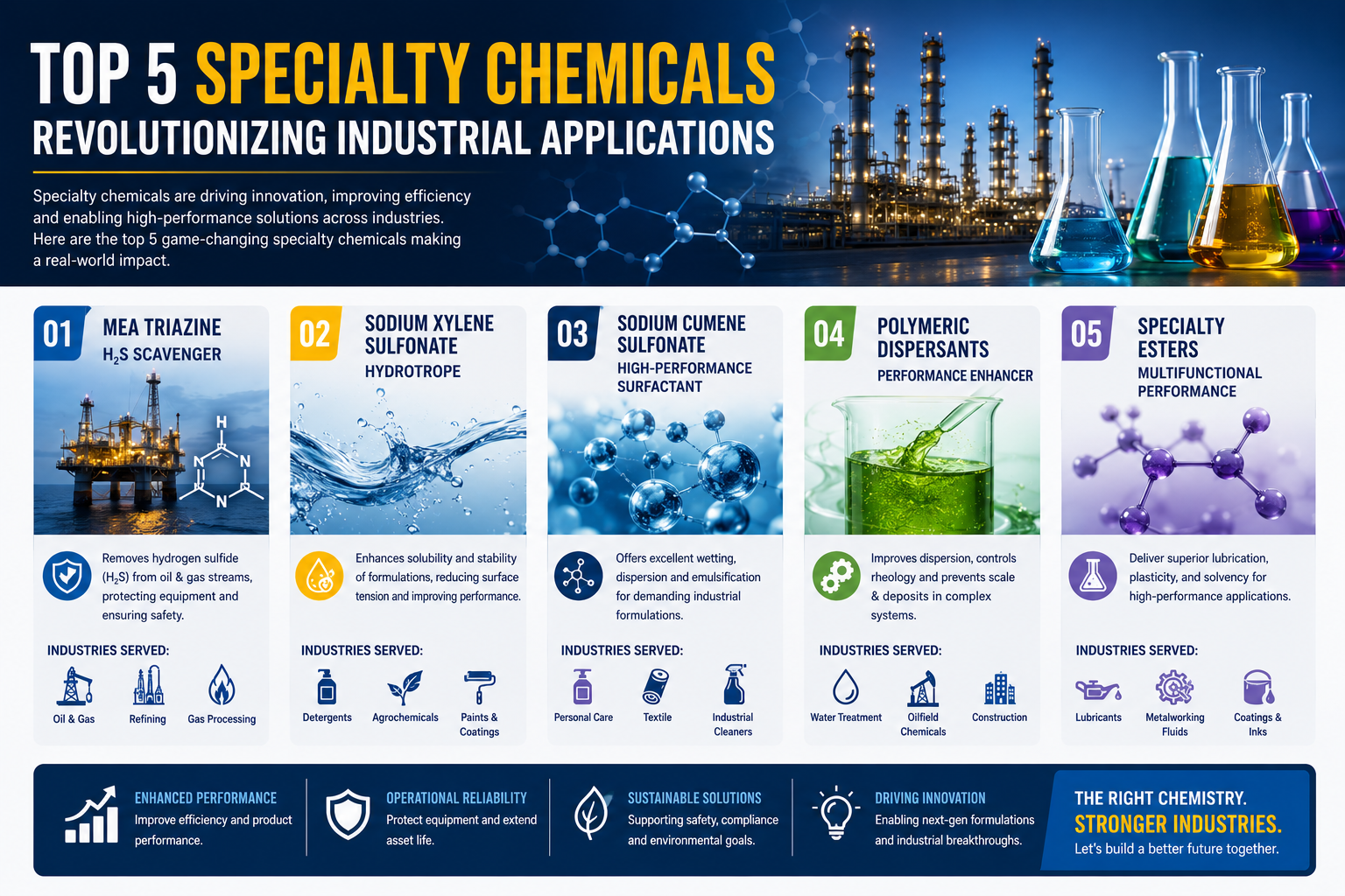 Specialty chemicals for industrial applications including triazines and pharmaceutical intermediates
