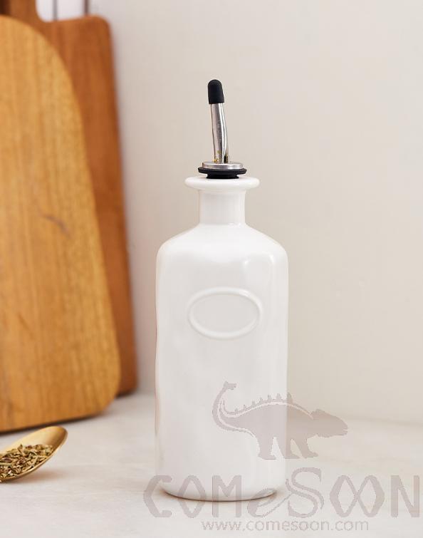 Ceramic Vinegar Bottle, 600ML, SUS 304 Spout, with PVC Label Sticker, White