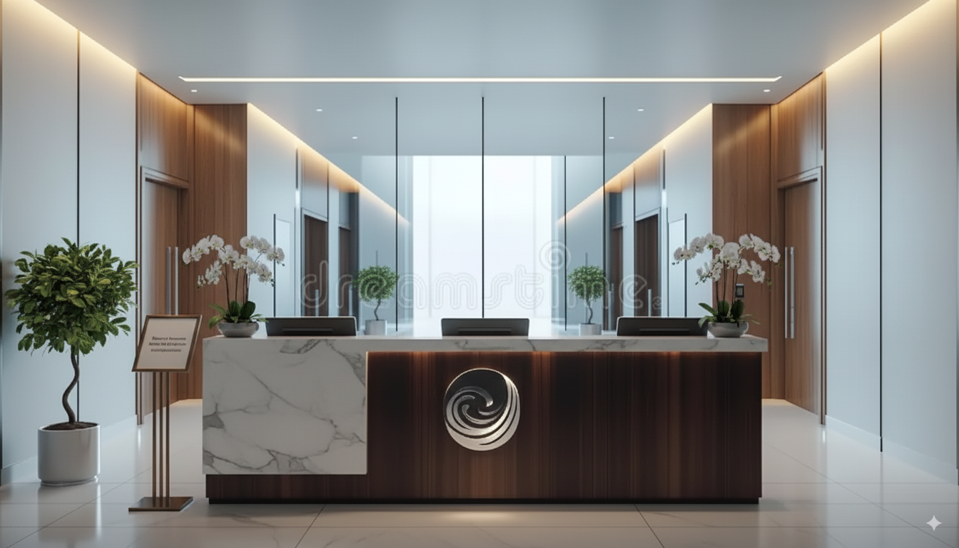 Corporate lobby with gleaming surfaces