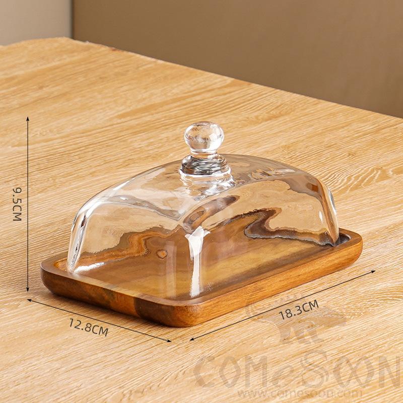 Rectangle Wooden Butter Dish W/glass Cover, L18.3*W12.8*H9.5cm