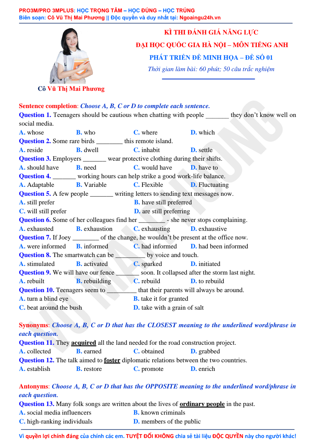 Phát triển Đề thi Minh họa môn Tiếng Anh ĐGNL Đại học Quốc Gia đề 1 pdf