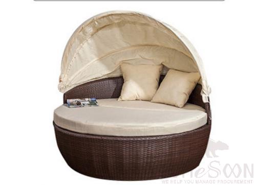 Outdoor Lying Bed-Φ140cm, PE Rattan+ Metal Frame+ Waterproof Cloth+ High-Density Sponge+ Waterproof Cloth Canopy, Φ140*140cm