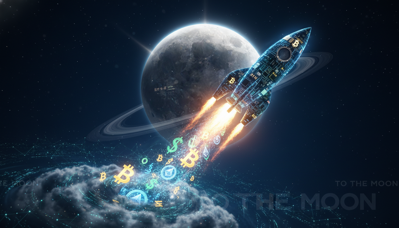 A high-energy, wide-angle shot of a digital rocket launching into a dark blue space sky. The exhaust of the rocket is made of glowing digital currency symbols ($, ₿, Ξ). In the distance, a bright moon or planet is visible, symbolizing the "To the moon" crypto culture.