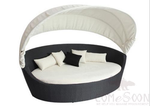 Outdoor Lying Bed-186cm, PE Rattan+ Metal Frame+ Waterproof Cloth+ High-Density Sponge+ Waterproof Cloth Canopy, 186*140*160cm