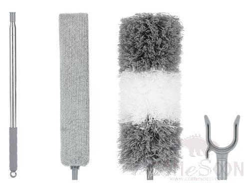 Dust Removal Package, W/ Long Telescopic Rod and Bed Bottom Brush and Gray White Microfiber Head and Clothes Drying Fork