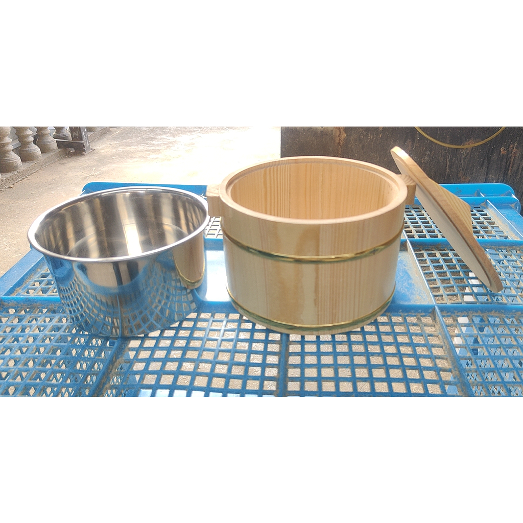 Wooden Bucket with Stainless Steel Liner and Wooden Cover, D 20cm