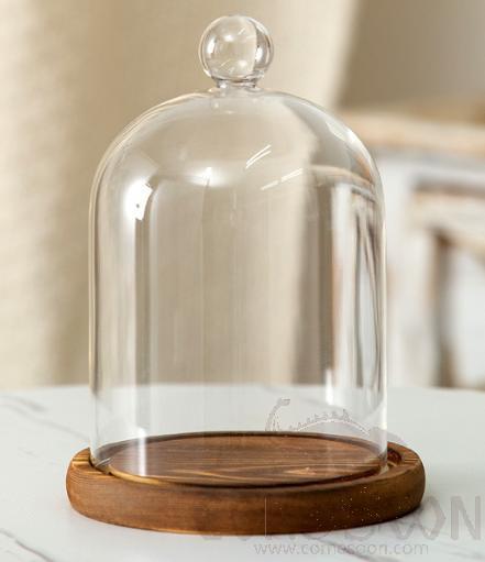 Pellet Glass Cover with Wood Base Φ12*H16cm