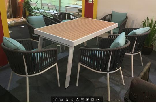 Six Outdoor Tables and Chairs, Teak, One Table, Six Chairs, Table  160*90*75cm
, Chair  59*60*77cm