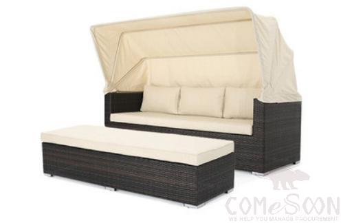 Outdoor Lying Bed-180cm, PE Rattan+ Metal Frame+ Waterproof Cloth+ High-Density Sponge+ Waterproof Cloth Canopy, 180*113*150cm