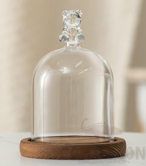 Bear Glass Cover with Wood Base D12*16cm